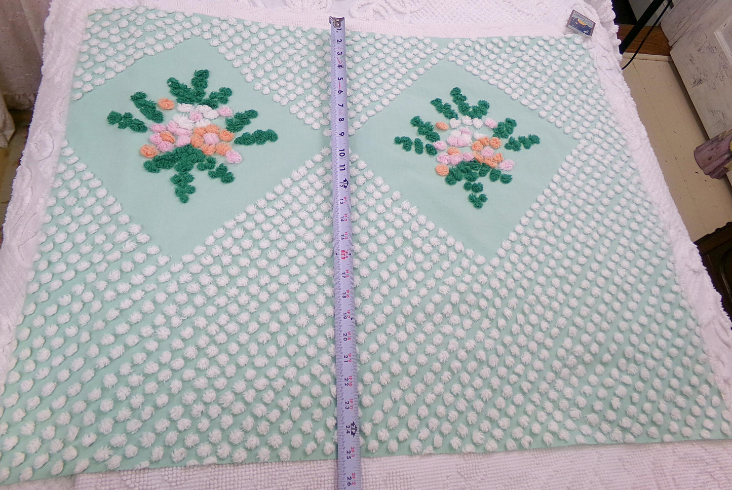 jade green floral vintage chenille fabric: handmade antique cotton sewing material for quilting, crafts, 31" x 24" piece