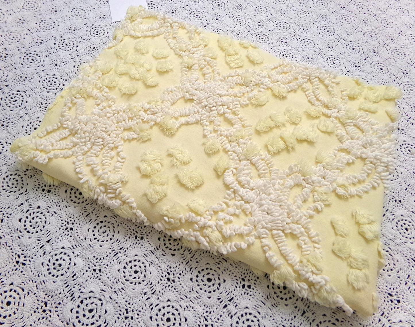Cheerful Vintage Chenille Bedspread Fabric sunny yellow quilt material 20" x 24"