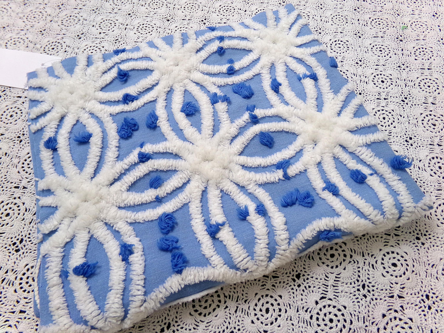 serene blue & white vintage chenille fabric, 19" x 23" cotton quilt material