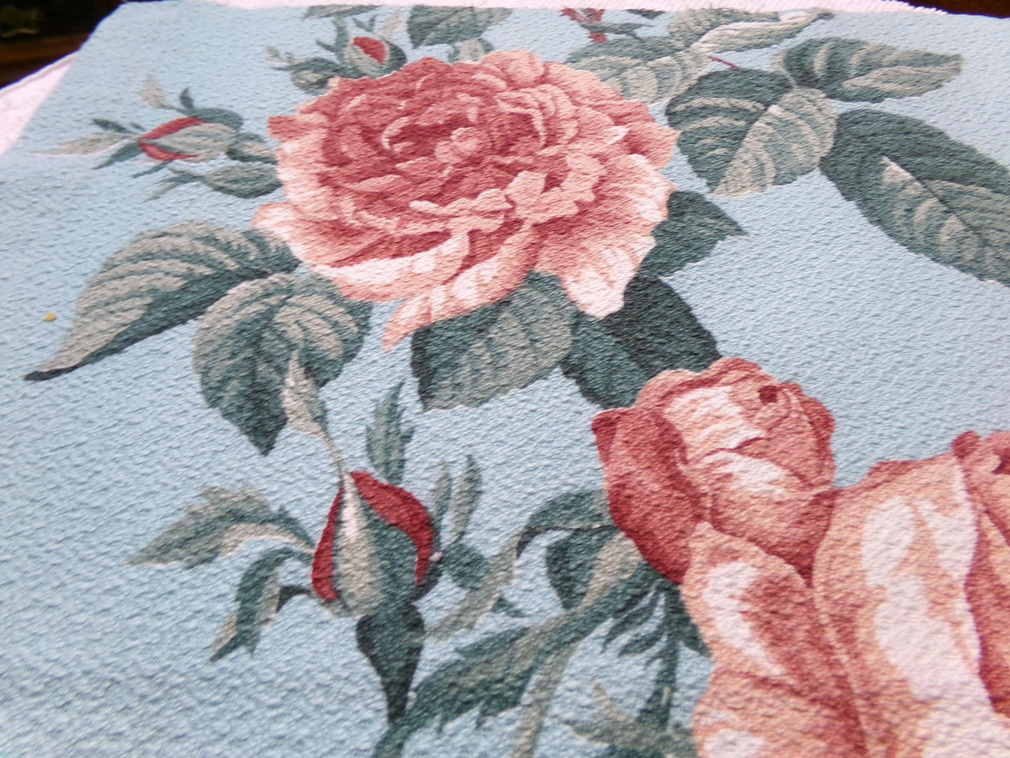 Vintage 1940s Barkcloth Fabric Aqua Blue Pink Roses Botanical Mid-Century Shabby, 18" x 26"