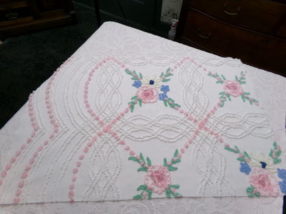 Shabby Wildflowers Vintage Chenille Fabric, pink rose floral sewing material, 20" x 32"