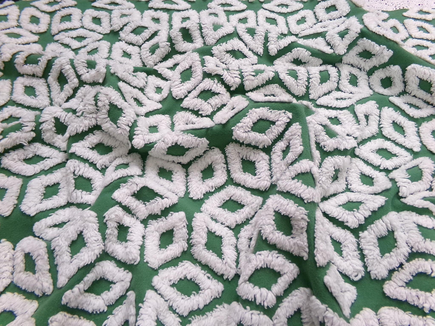White Snowflake Vintage Chenille Fabric, Christmas Green 17.5x26" Piece