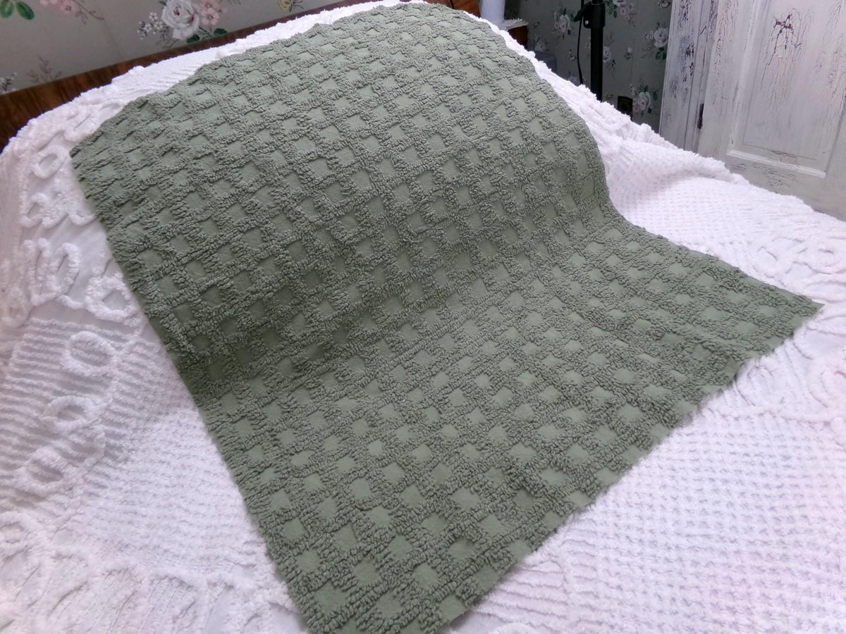 Simple Sage Squares Vintage Style Chenille Fabric, Grid Design, 18x24" Piece