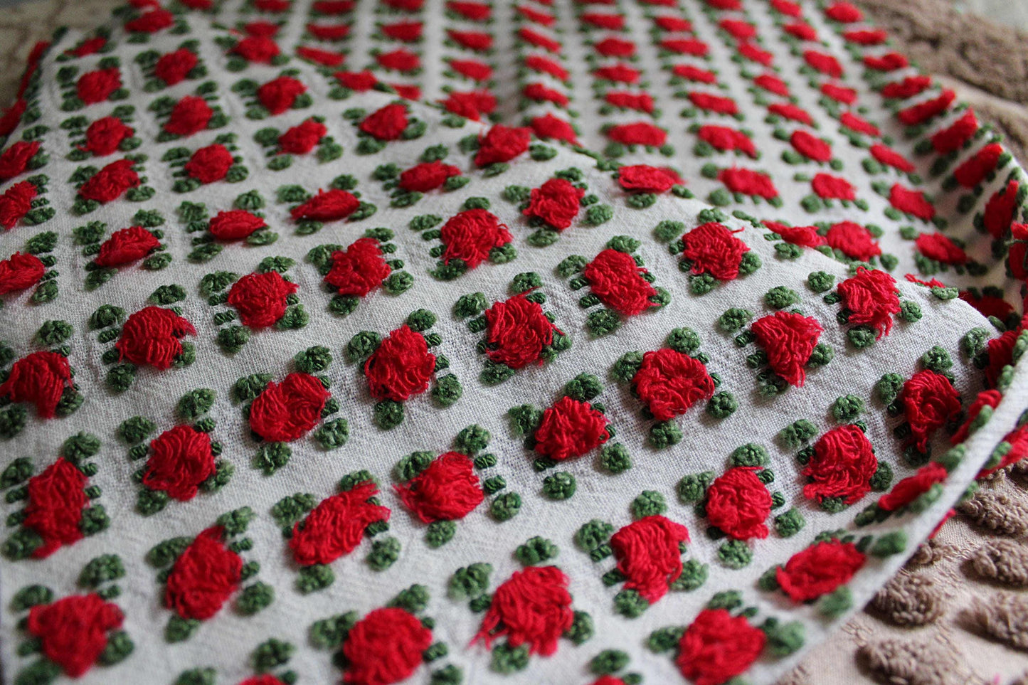 Red Rosebud Vintage Chenille Fabric, Morgan Jones Roses, 18" x 24" inch Piece