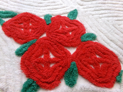 red cabbage rose vintage chenille fabric: 20" x 24" piece w/ white tufts & pom pom trim