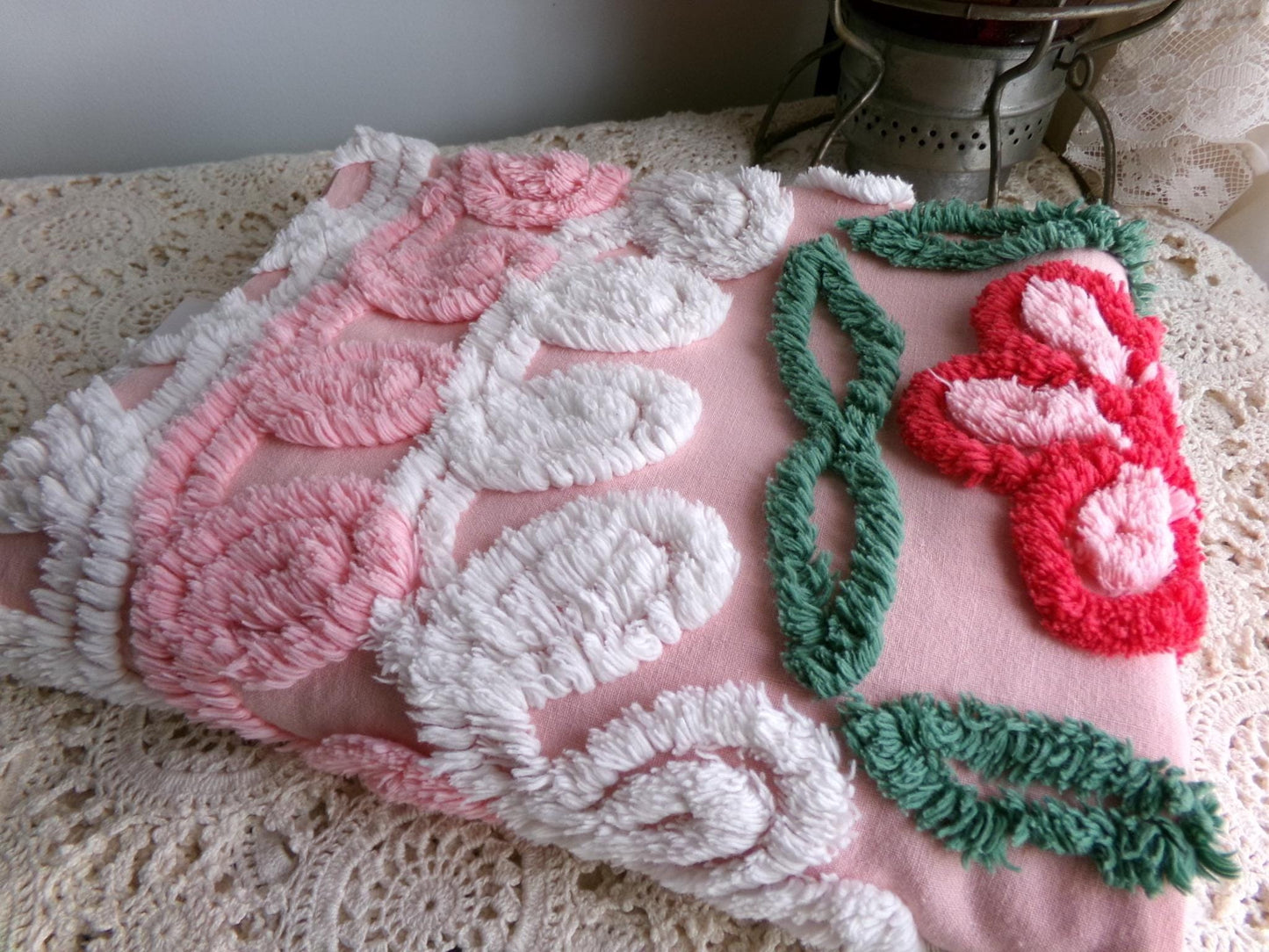 shabby pink vintage chenille fabric, cake frosting floral curlicues, 20" x 31"
