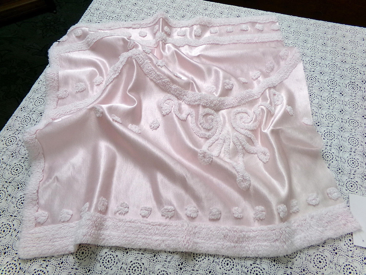 Pink Satin Vintage Chenille Fabric, Shabby Cottage 24" x 23" Piece