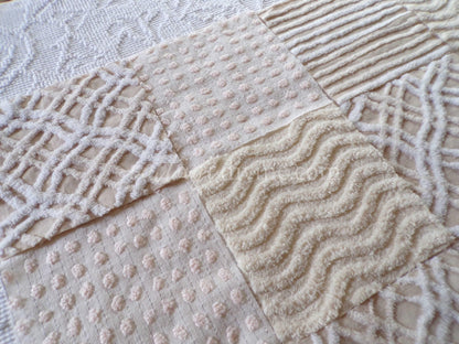 Cream Latte Quilt Squares Set from Vintage Chenille Bedspread Fabric, 16 Blocks, 6" x 6" inch, Neutral tones