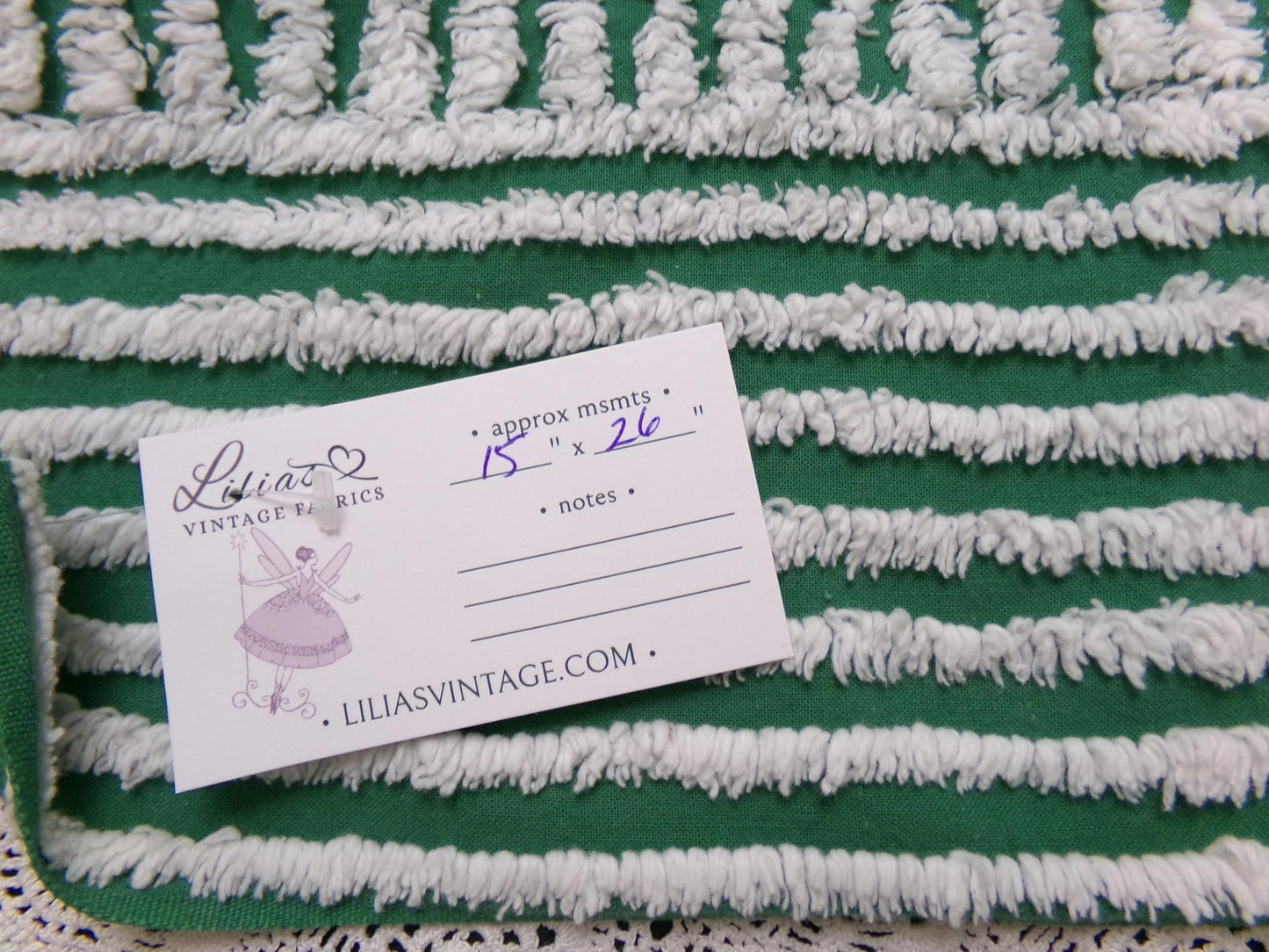 Green & Snow White Vintage Chenille Bedspread Fabric, Geometric Stripes 15" x 26" piece