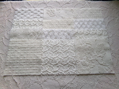 white vintage 6" chenille squares, set of 12 quilt blocks in a classic selection of popular patterns for sewing & crafts