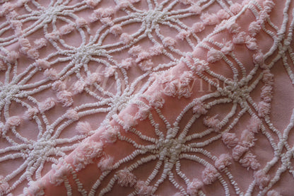 Cottage Coordinated Vintage Fabric Bundle: Gorgeous Plush Tufted Chenille Piece & Mint Green Cabbage Rose Cotton Fabric, for Quilts, Crafts