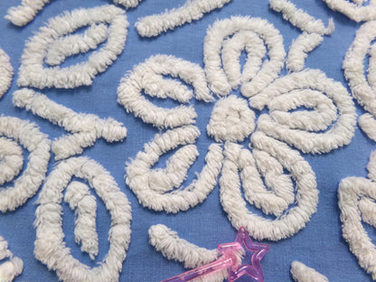 Daisy Dance Vintage Chenille Bedspread Fabric, Blue & White Floral Quilt Material 20" x 23" Piece