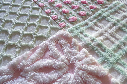 Picnic Pink & Green Chenille Fabric Squares Set of 16 Quilt Blocks, 6" x 6" inches each, Pretty Green, White, Pink Rosebud
