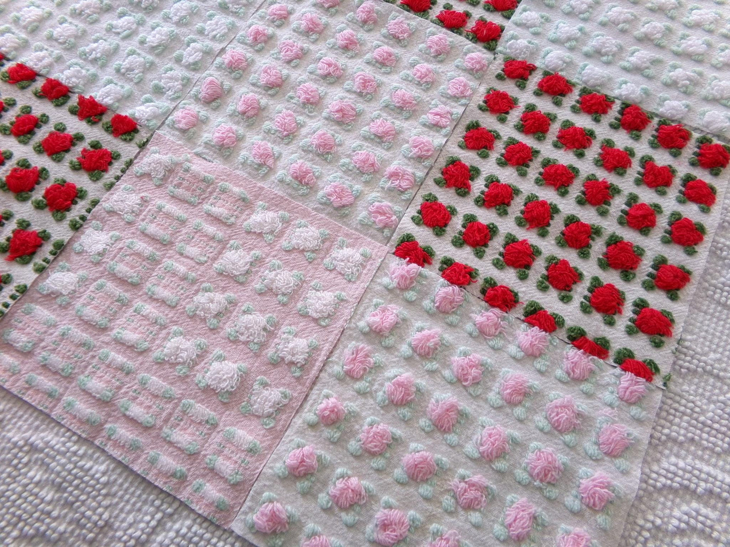 romantic rosebuds vintage chenille fabric squares, gorgeous medley of pink, red, white roses, set of 16 quilt blocks, 6" x 6" inch