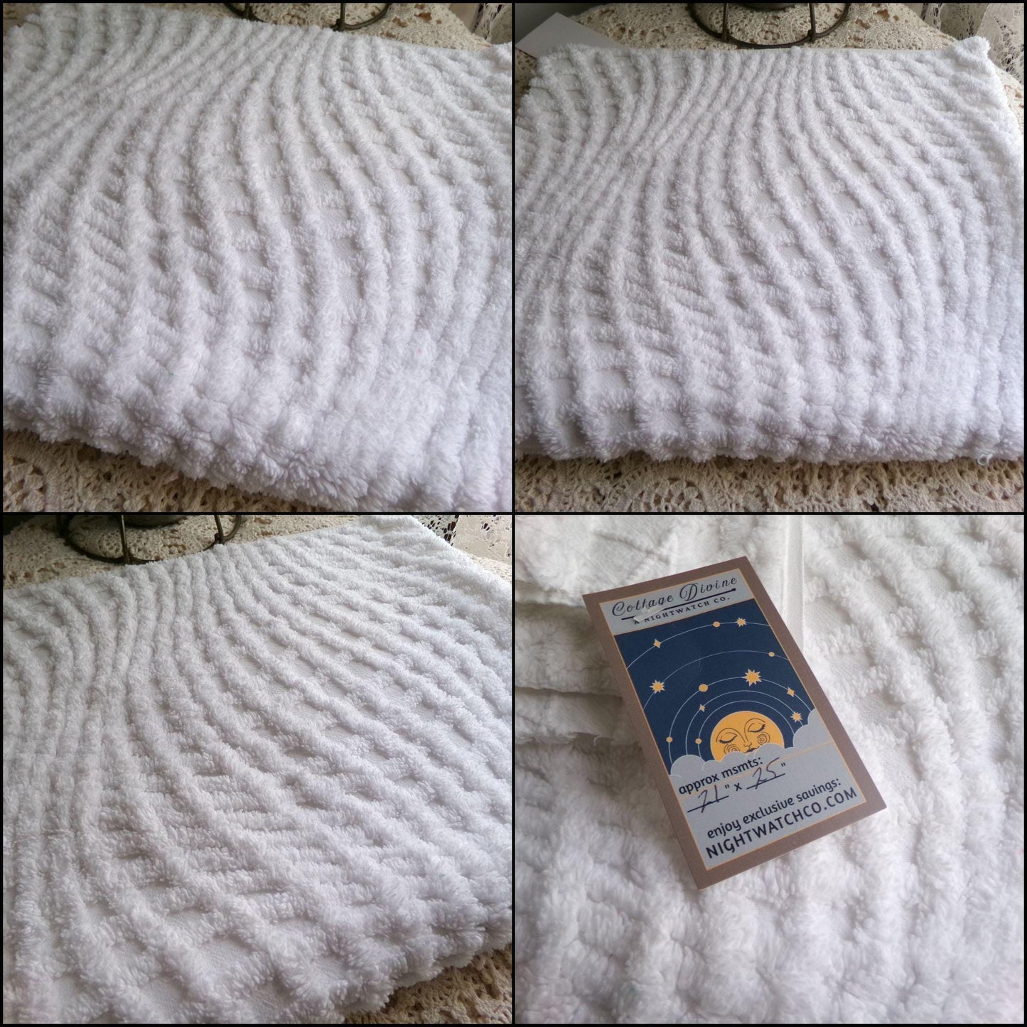 intense illusion white vintage chenille fabric, plush webbed optic illusion design, 21" x 25" inch piece of quilt & sewing material