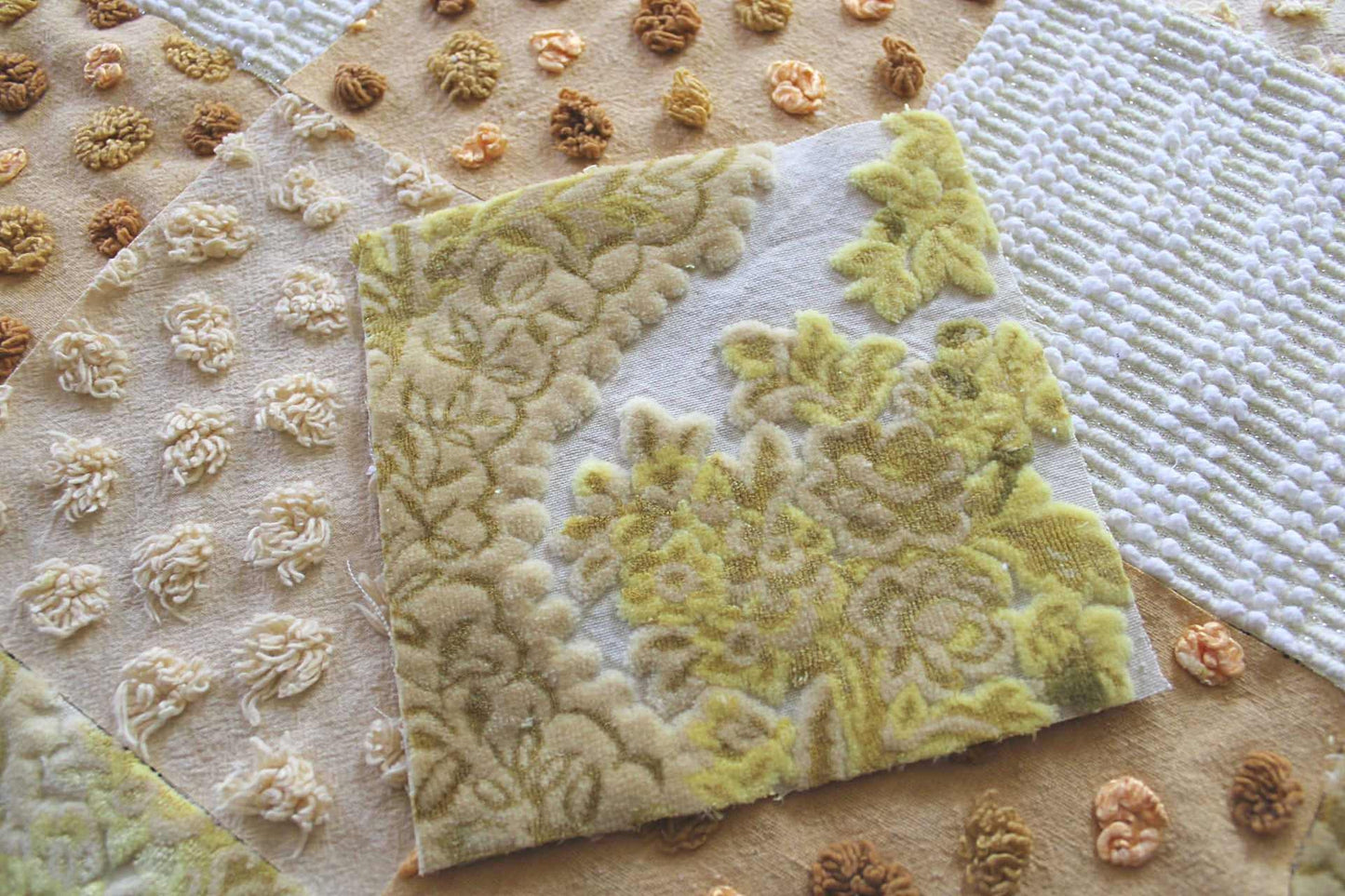Chenille & Velvet Quilt Squares Set, "Sun Goddess", from Vintage Bedspread Fabric, 16 Blocks, 6" x 6" inches each, Earthtones