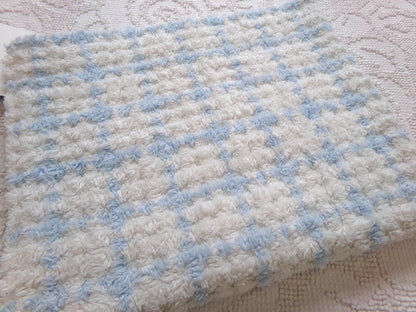 blue & white check vintage chenille fabric, cottage plaid 17x30" pc