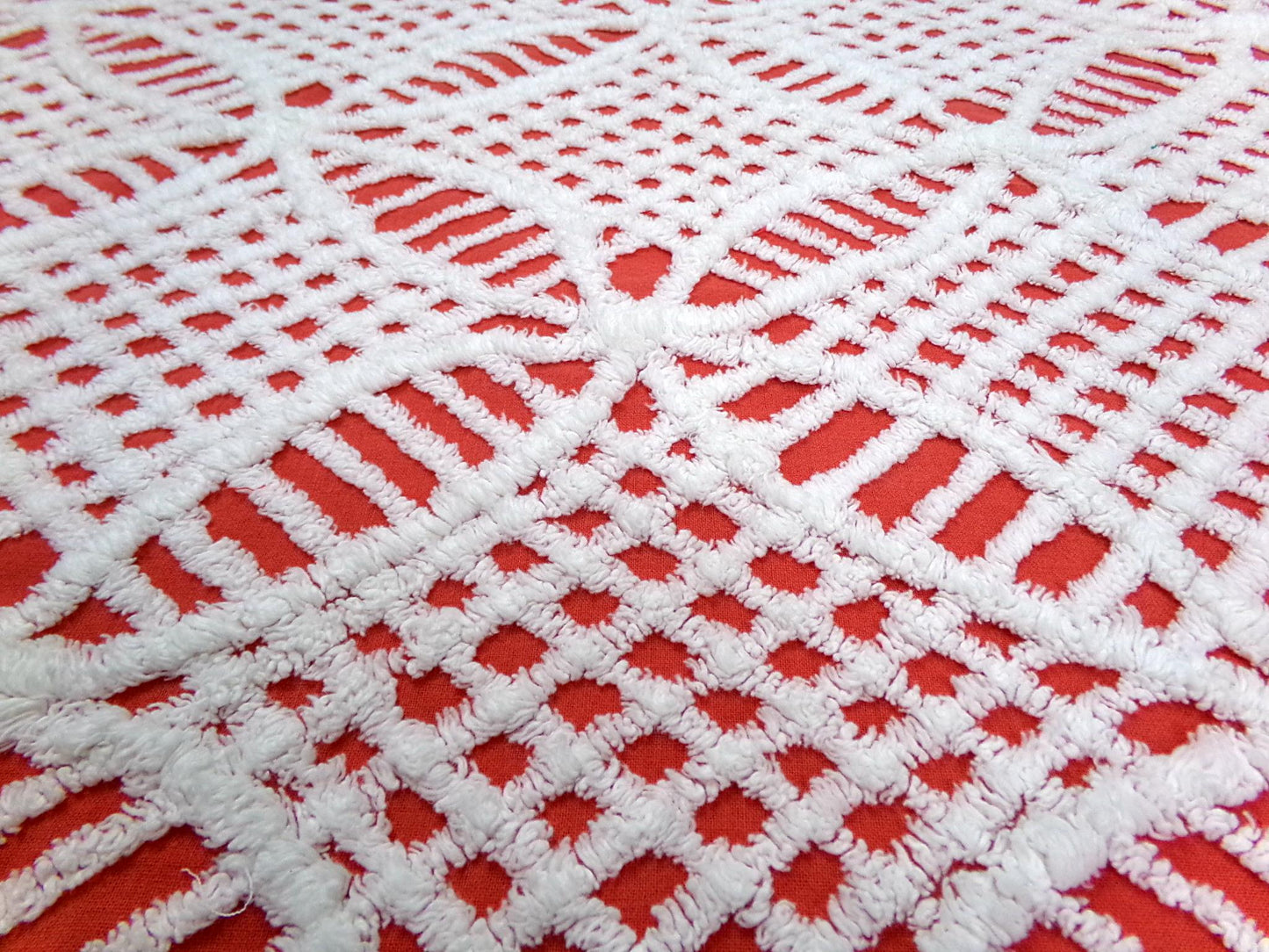 Red & White Vintage Chenille Fabric, Tufted Geometric 19x27" Sewing Material