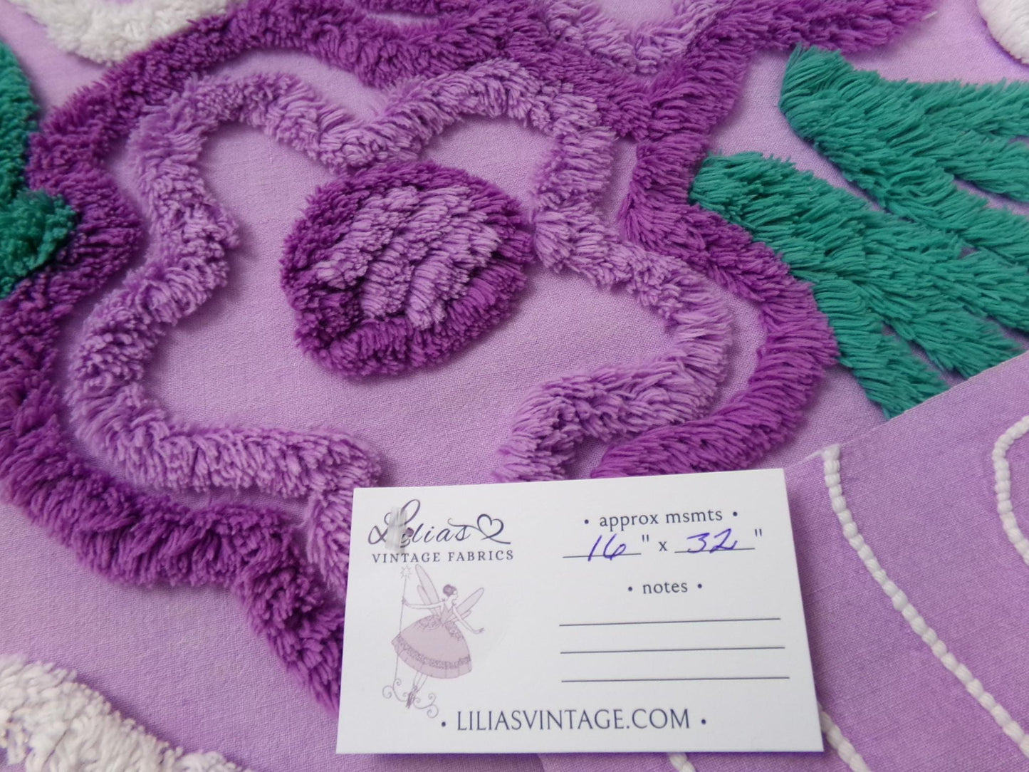 Violet Roses Vintage Chenille Bedspread Fabric 16x32" Sweeping White Waves