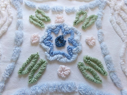 Shabby Cottage Chic Vintage Chenille Fabric, 25" x 21" Piece of White Pink Blue Floral Cotton Sewing Material, Upcycle into Pillows, Quilts