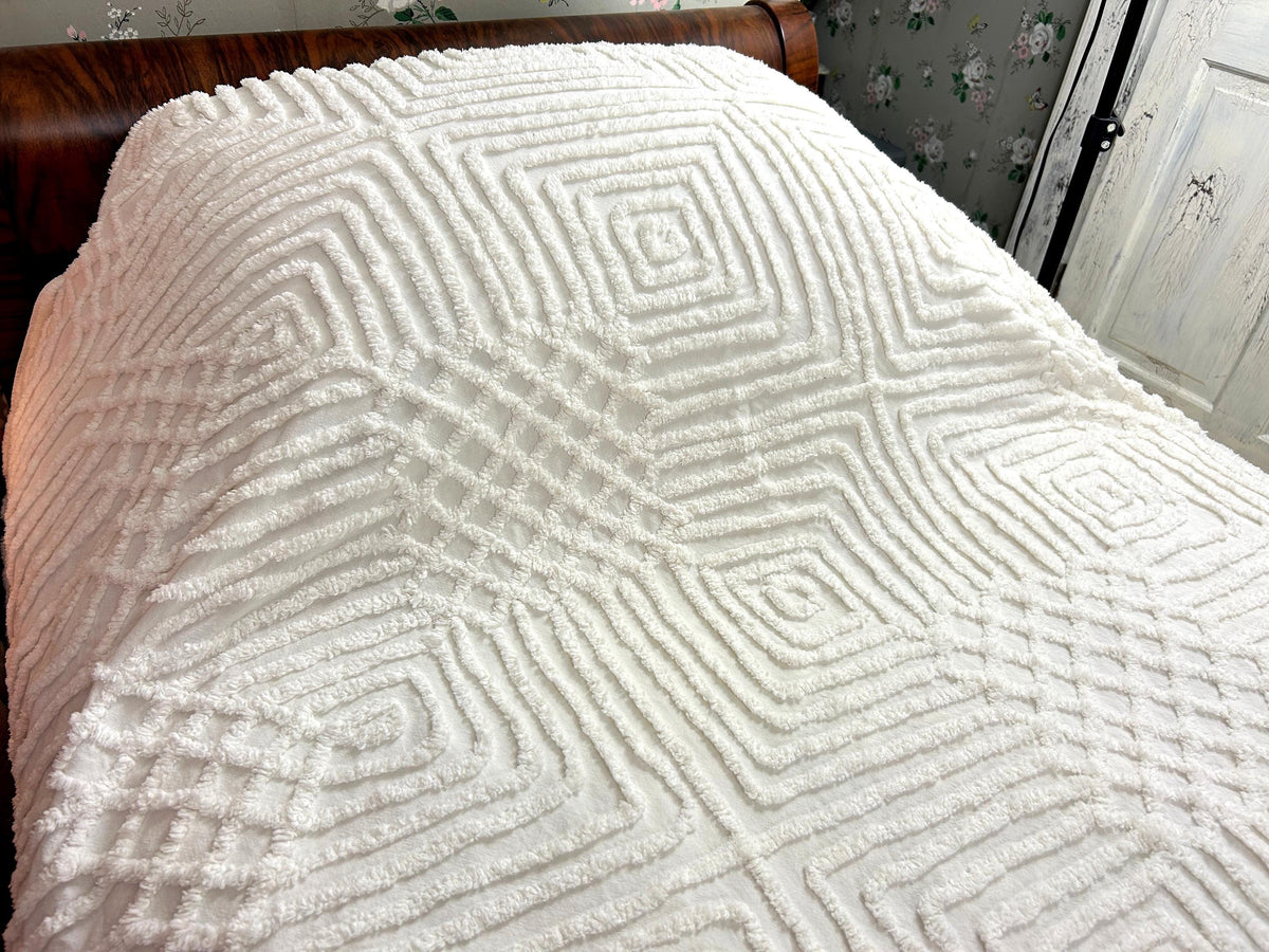 Quietly Bold Vintage Chenille Bedspread, Nested Squares & Diamonds, Full Size