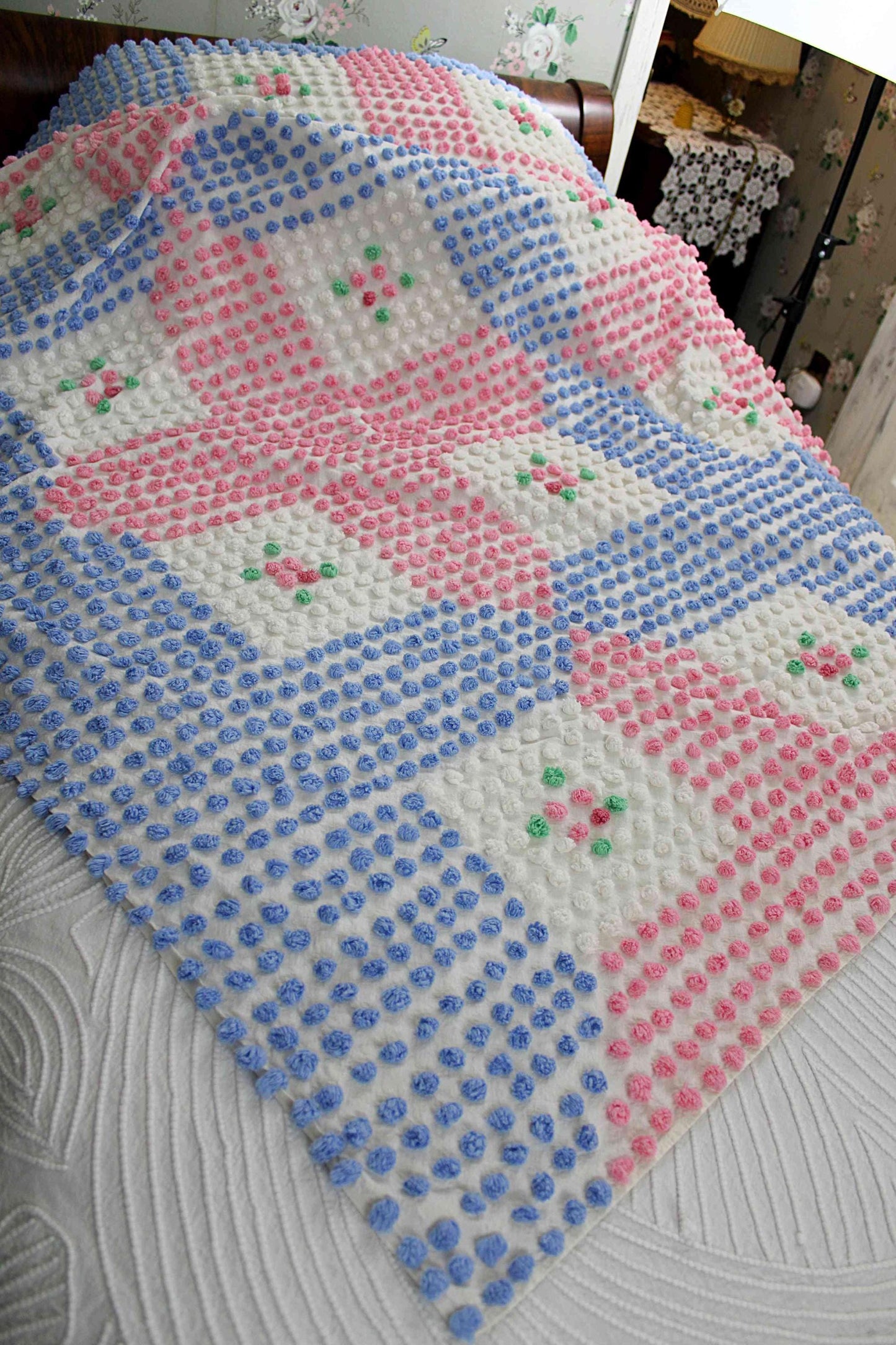 Rare Vintage Chenille Bedspread, Tufted Pink & Blue Popcorns with Rose Pop Flowers, Anne Orr for Cabin Crafts, Full Size Cottage Bedding