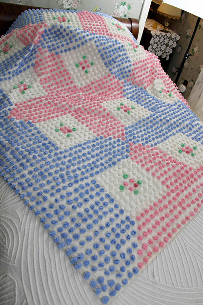 Rare Vintage Chenille Bedspread, Tufted Pink & Blue Popcorns with Rose Pop Flowers, Anne Orr for Cabin Crafts, Full Size Cottage Bedding