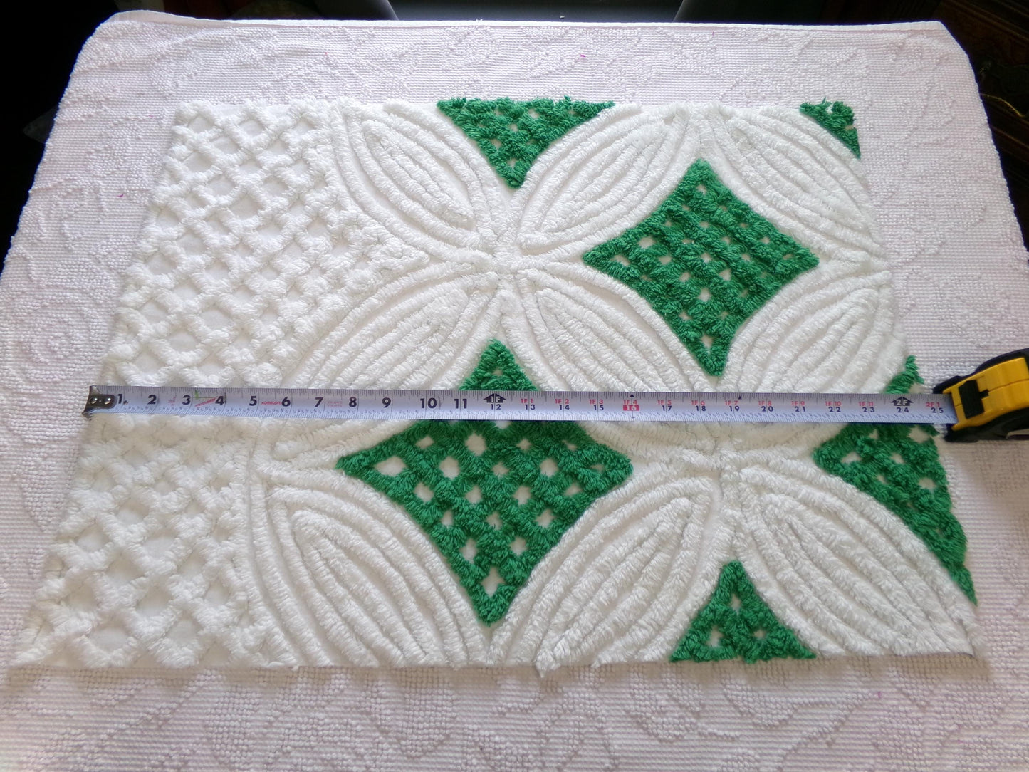 plush vintage chenille fabric: preppy kelly green & white wedding rings, 18" x 24" piece