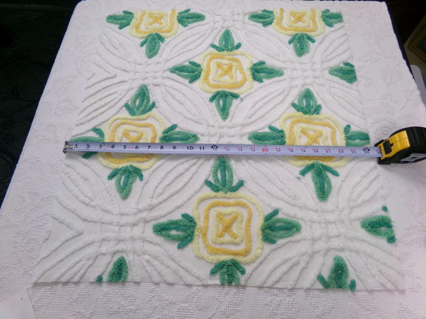 yellow cabbage rose vintage chenille bedspread fabric, cottage charm quilt material, 23" x 25" piece