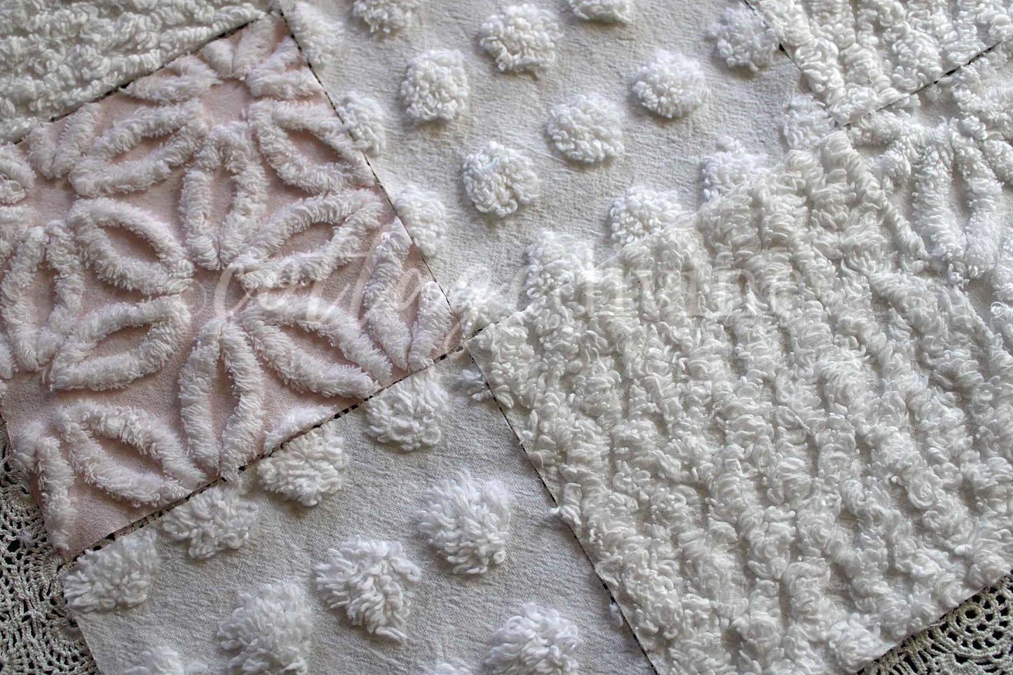 Baby's Breath Chenille Fabric Squares Set in White & Pink, Cut from Vintage Chenille Bedspread Material, 16 Blocks, 6" x 6" inch each