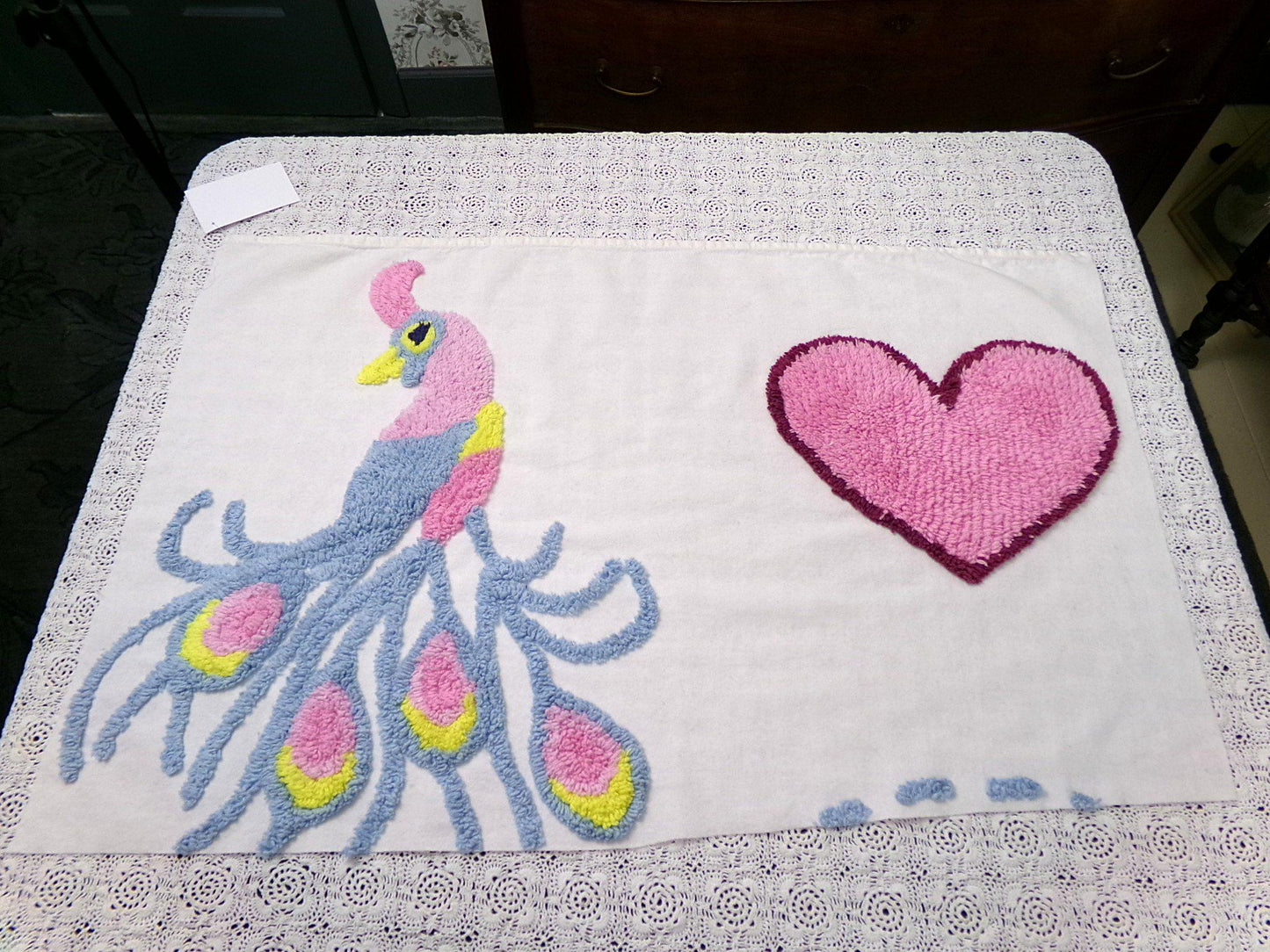 Lonely Heart Peacock Vintage Style Chenille Bedspread Fabric 18x28" Craft Panel