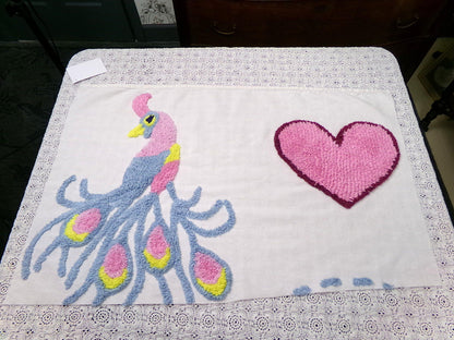 Lonely Heart Peacock Vintage Style Chenille Bedspread Fabric 18x28" Craft Panel