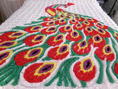 Sprawling Peacock Vintage Chenille Bedspread, Boho Red Green & White Cotton Full Size