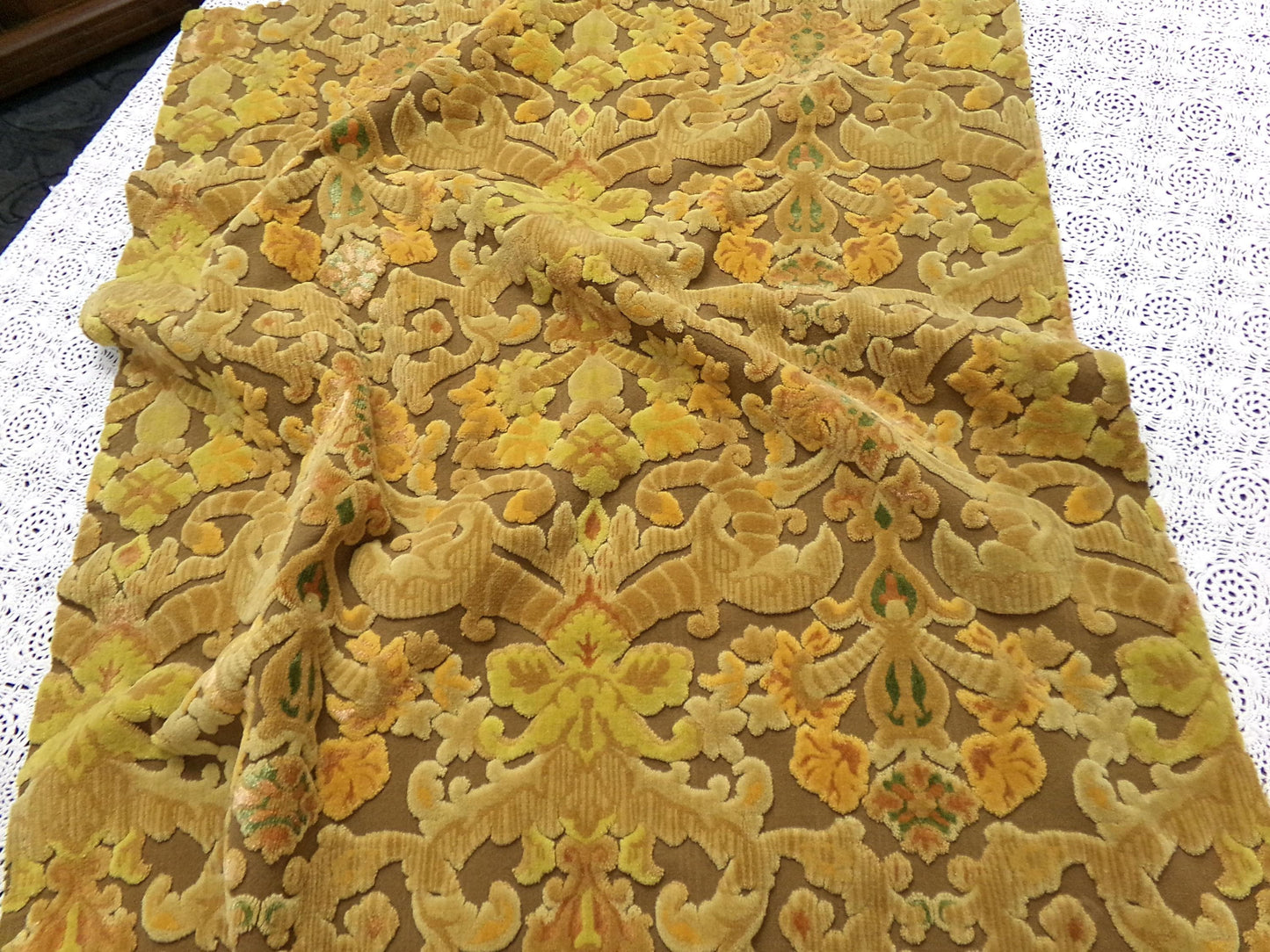 vintage Bates cut velvet fabric, earthy coppertone boho tapestry style design, 24" x 22" piece for wallhanging, small bags
