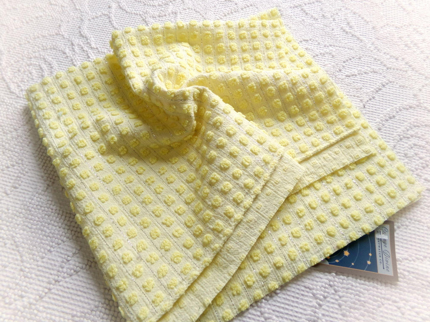 cheery cute yellow pops vintage chenille fabric, nubby dots & silver lurex, 18" x 24" cut piece of sewing material for quilting, crafts