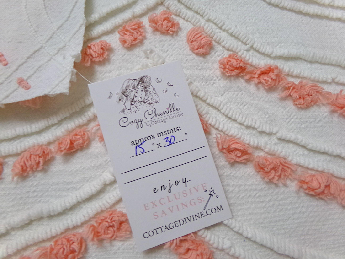 Peach Dot Swags Vintage Chenille Bedspread Fabric, White Cotton Sewing Material, 15" x 30"