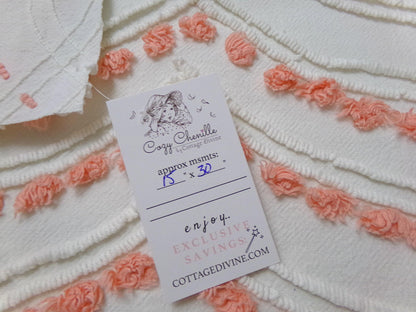 Peach Dot Swags Vintage Chenille Bedspread Fabric, White Cotton Sewing Material, 15" x 30"
