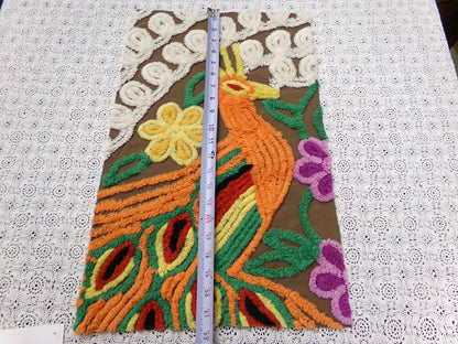 boho peacock vintage chenille bedspread fabric exotic bird brown orange 13x21" small piece