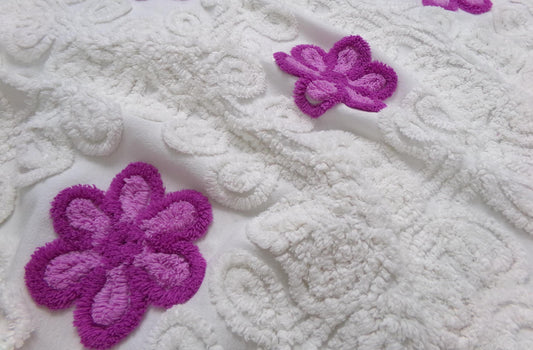 Violets in Snow Vintage Cotton Chenille Fabric - Plush Florals in White Curlicues, Quilt & Craft Material, 20" x 17" Piece