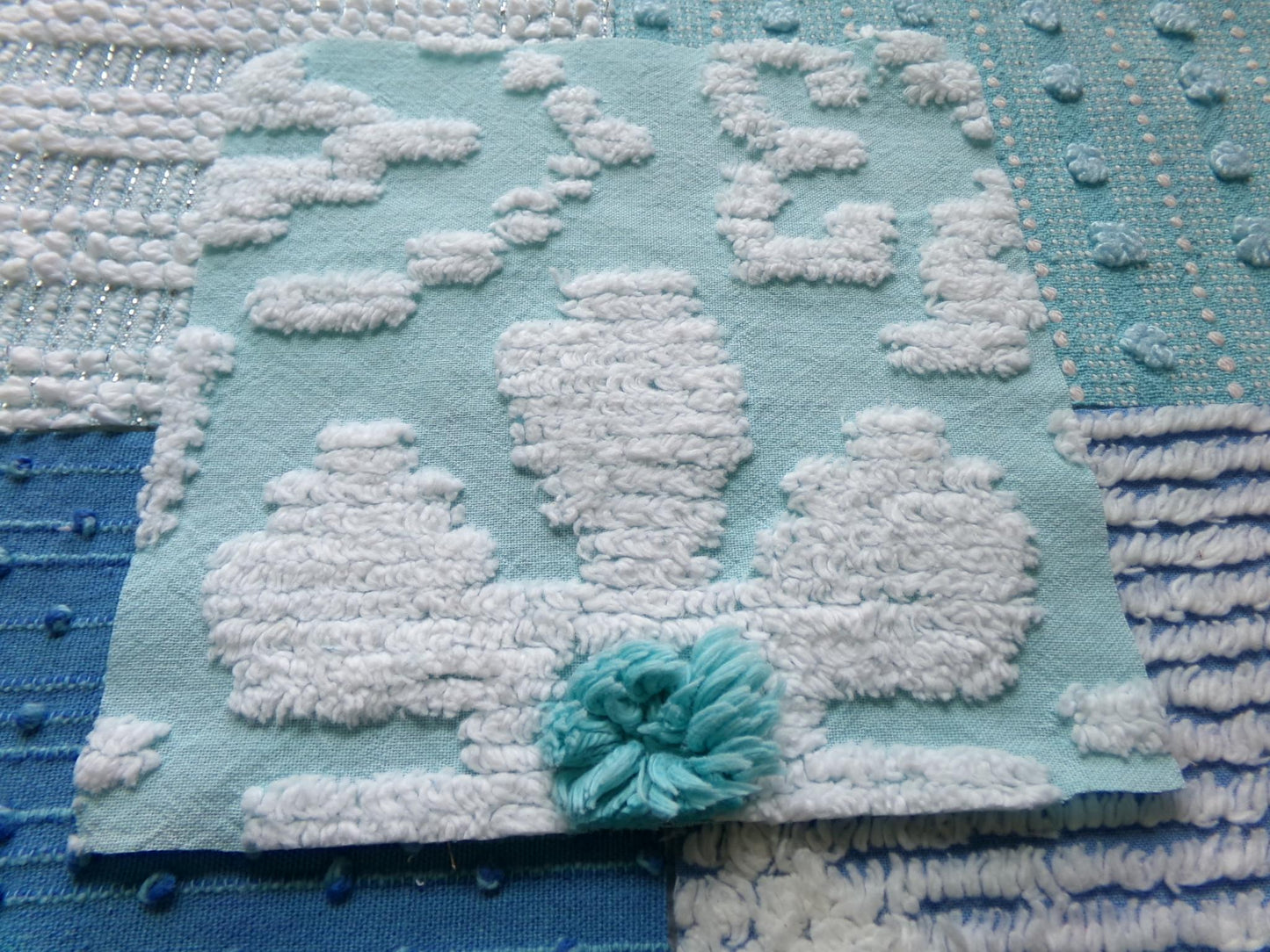 coastal fresh vintage chenille fabric squares, set of 17 blue & aqua 6" quilt blocks for sewing