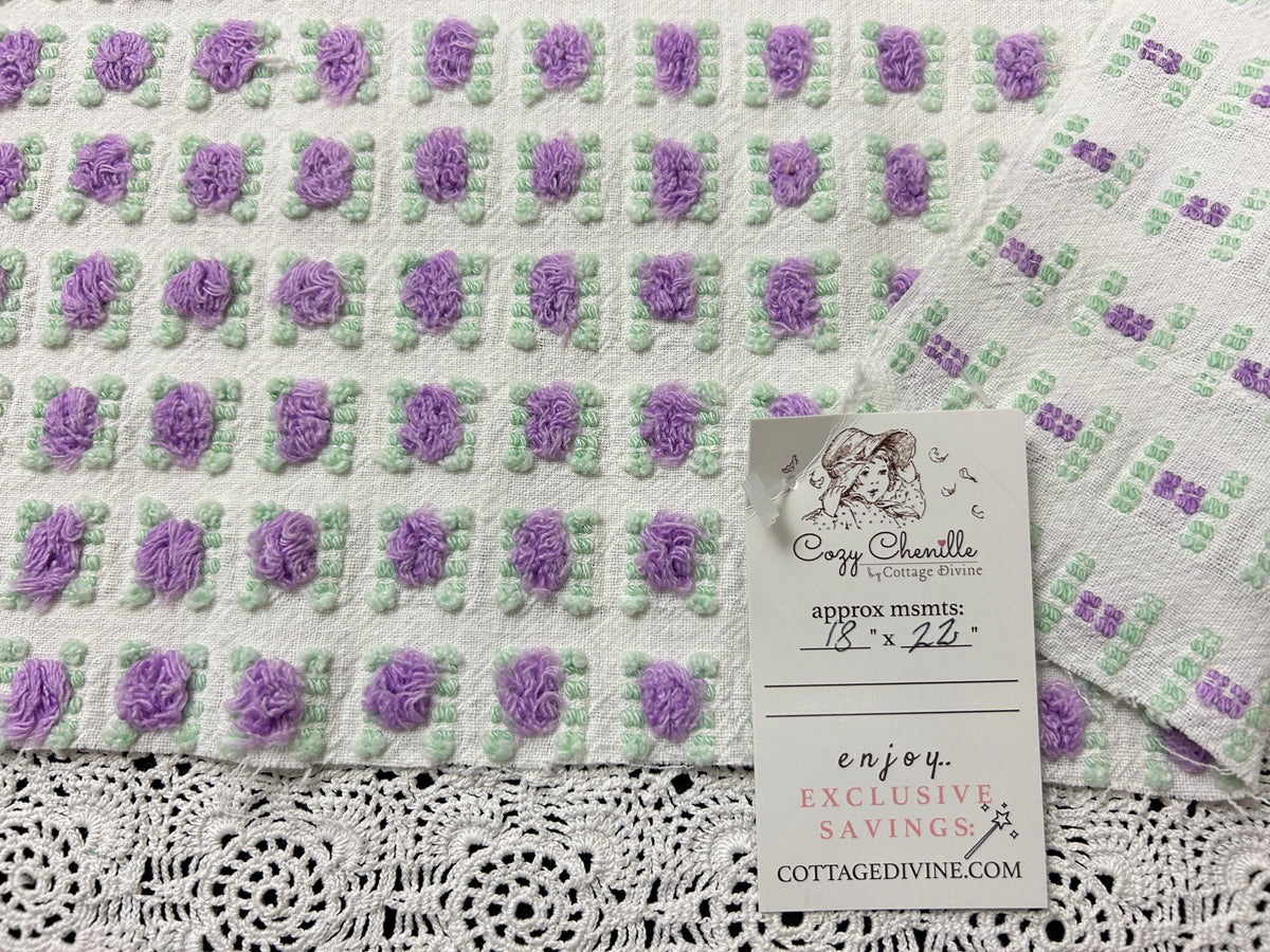 Rosebud Vintage Chenille Bedspread Fabric 18x22" Shabby Purple Roses
