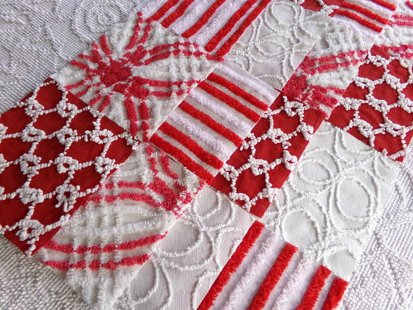 candy canes chenille fabric squares, red & white vintage craft square set of 16 blocks, 6" x 6" inch, great for Christmas stockings