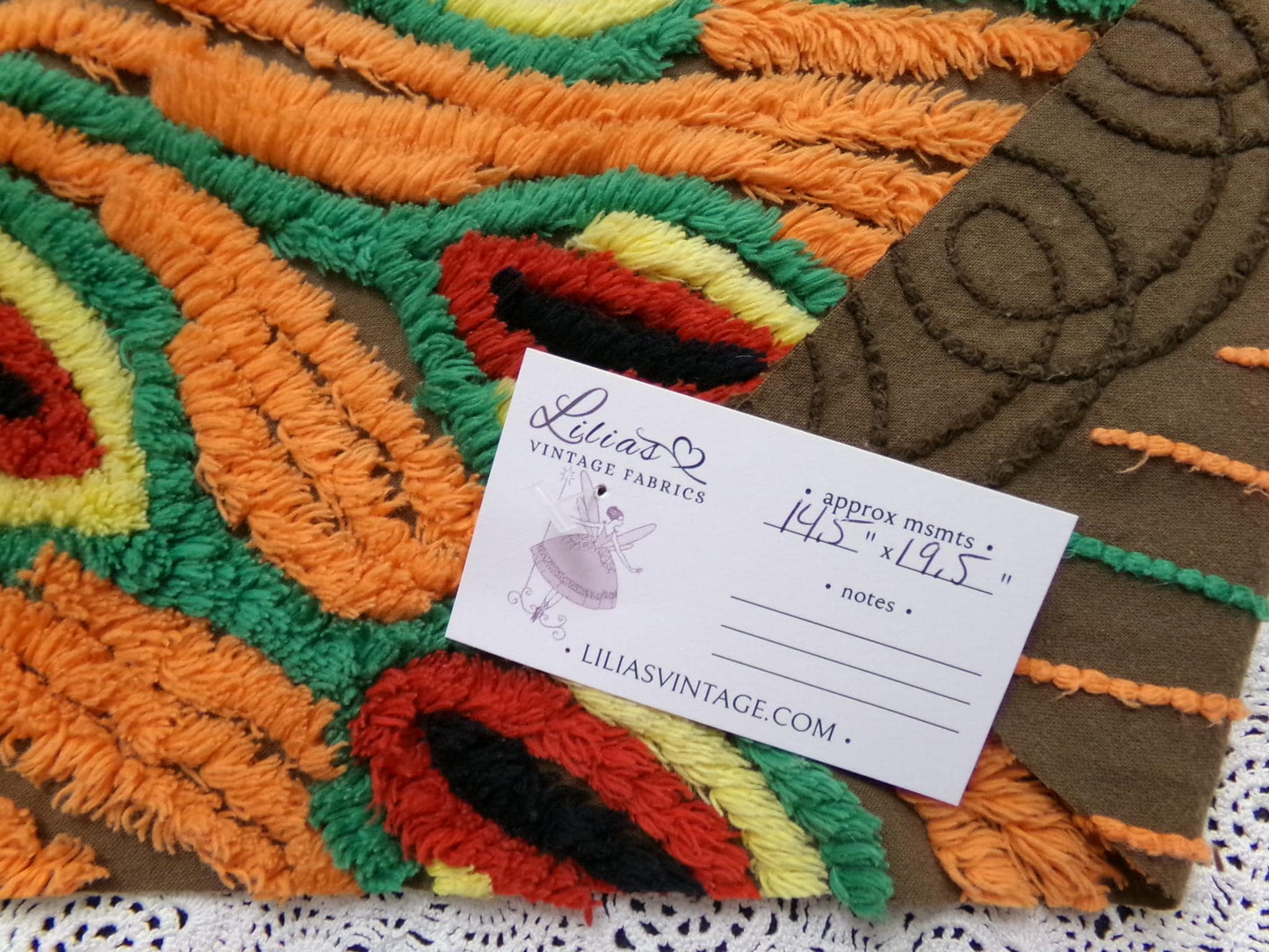 peacock feathers vintage chenille bedspread fabric boho exotic plumes brown orange 14.5x19.5"