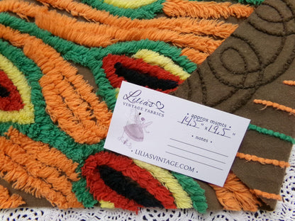 peacock feathers vintage chenille bedspread fabric boho exotic plumes brown orange 14.5x19.5"