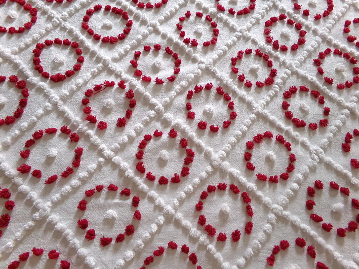 vintage chenille bedspread fabric, upcycle sewing quilt material ruby red circles & white diamonds, 20" x 25"