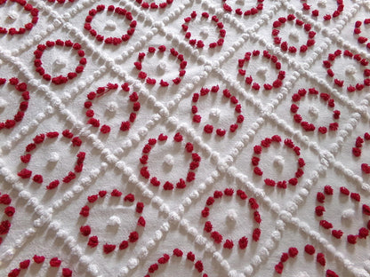 vintage chenille bedspread fabric, upcycle sewing quilt material ruby red circles & white diamonds, 20" x 25"