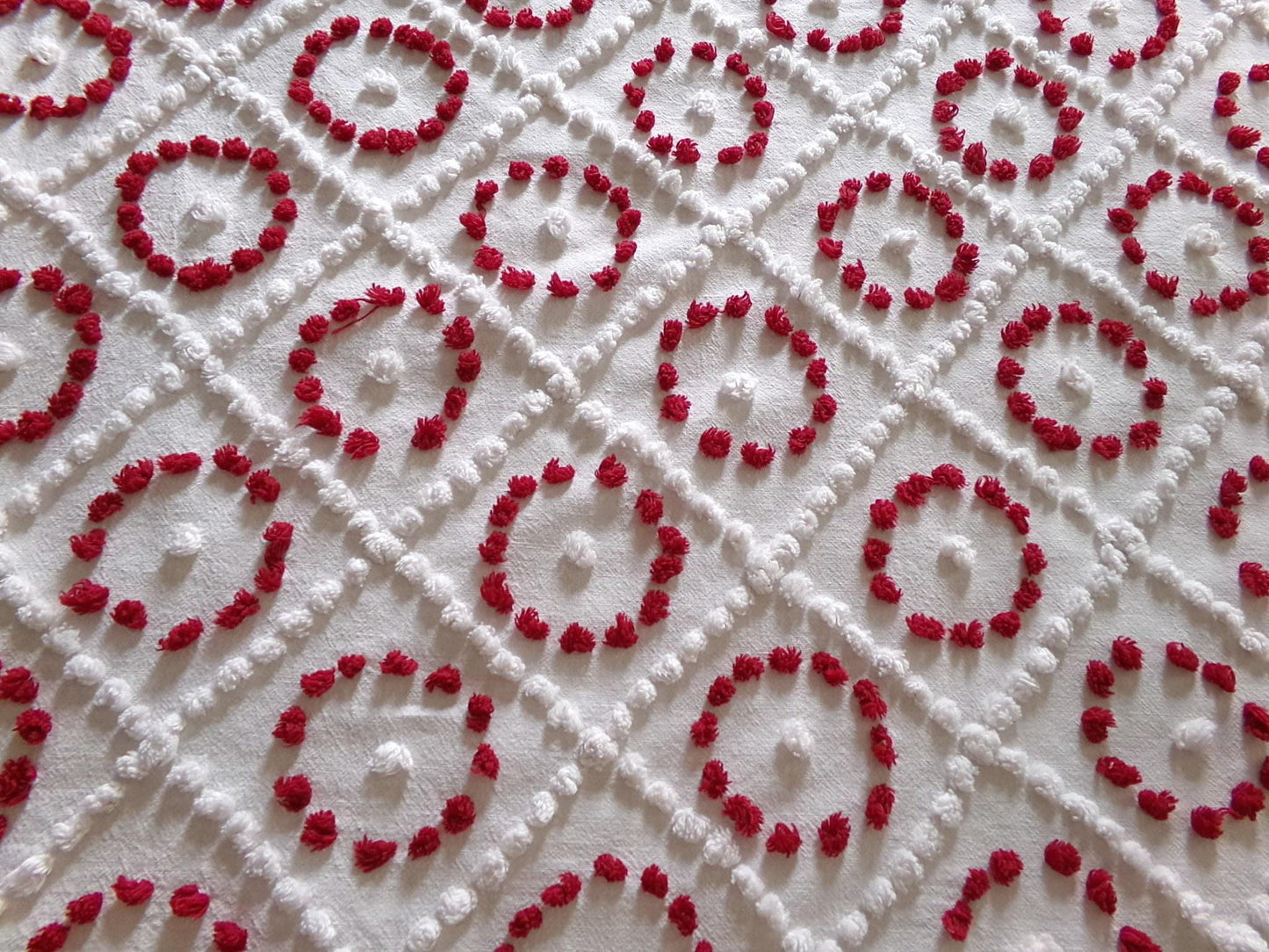 ruby red & white vintage chenille fabric, antique handtufted 20"x 25" piece quilt material