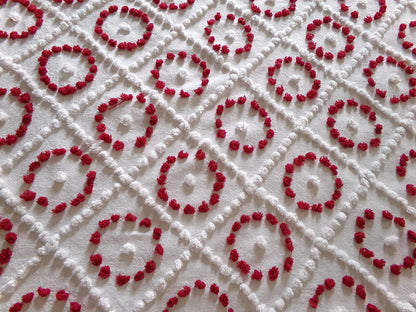 ruby red & white vintage chenille fabric, antique handtufted 20"x 25" piece quilt material