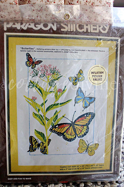 BUTTERFLIES Crewel Stitchery Kit, Vintage Paragon Needlecraft Embroidery, Natural Earthy Hippie Design, Georgia Ball, # 0947
