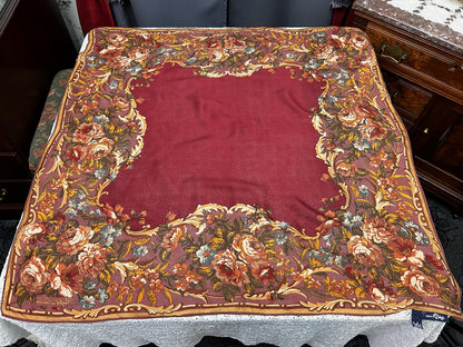 Vintage Ralph Lauren Silk Scarf Burgundy Wine Rose Floral Baroque Scroll Border